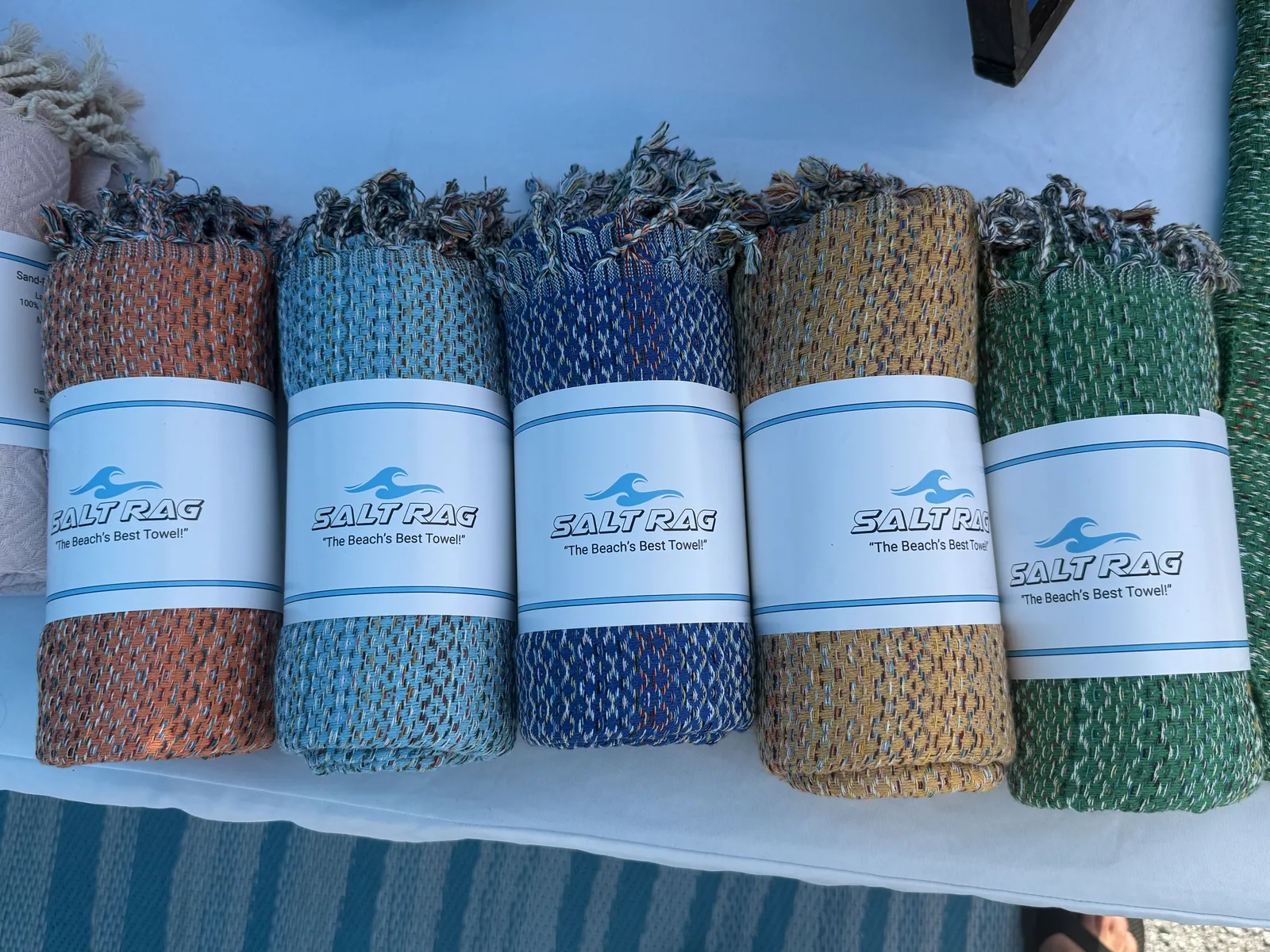 Five labeled Salt Rag rolls in different colors arranged side by side.