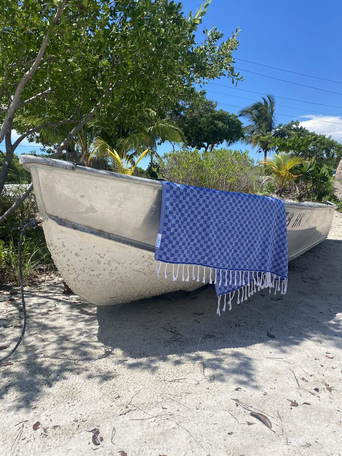 Blue patterned Rag draped over small dinghy in palms.
